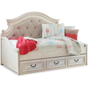 Signature Design by Ashley Realyn Traditional Upholstered Tufted Twin Platform Daybed with 1 Large Drawer, Foundation or Box Spring Not Needed, White & Beige(Twin)