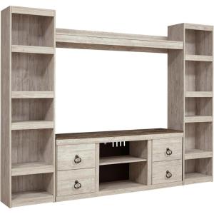 Signature Design by Ashley Willowton Farmhouse 4-Piece Entertainment Center for TVs up to 69″ with Adjustable Shelves, Whitewash