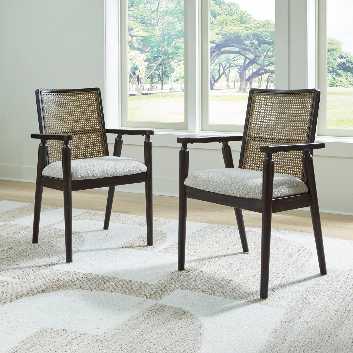 imageSignature Design by Ashley Galliden Rustic Solid Wood Upholstered Dining Arm Chair with Faux Cane Backrest Set of 2 Light Brown ampamp BlackBlack