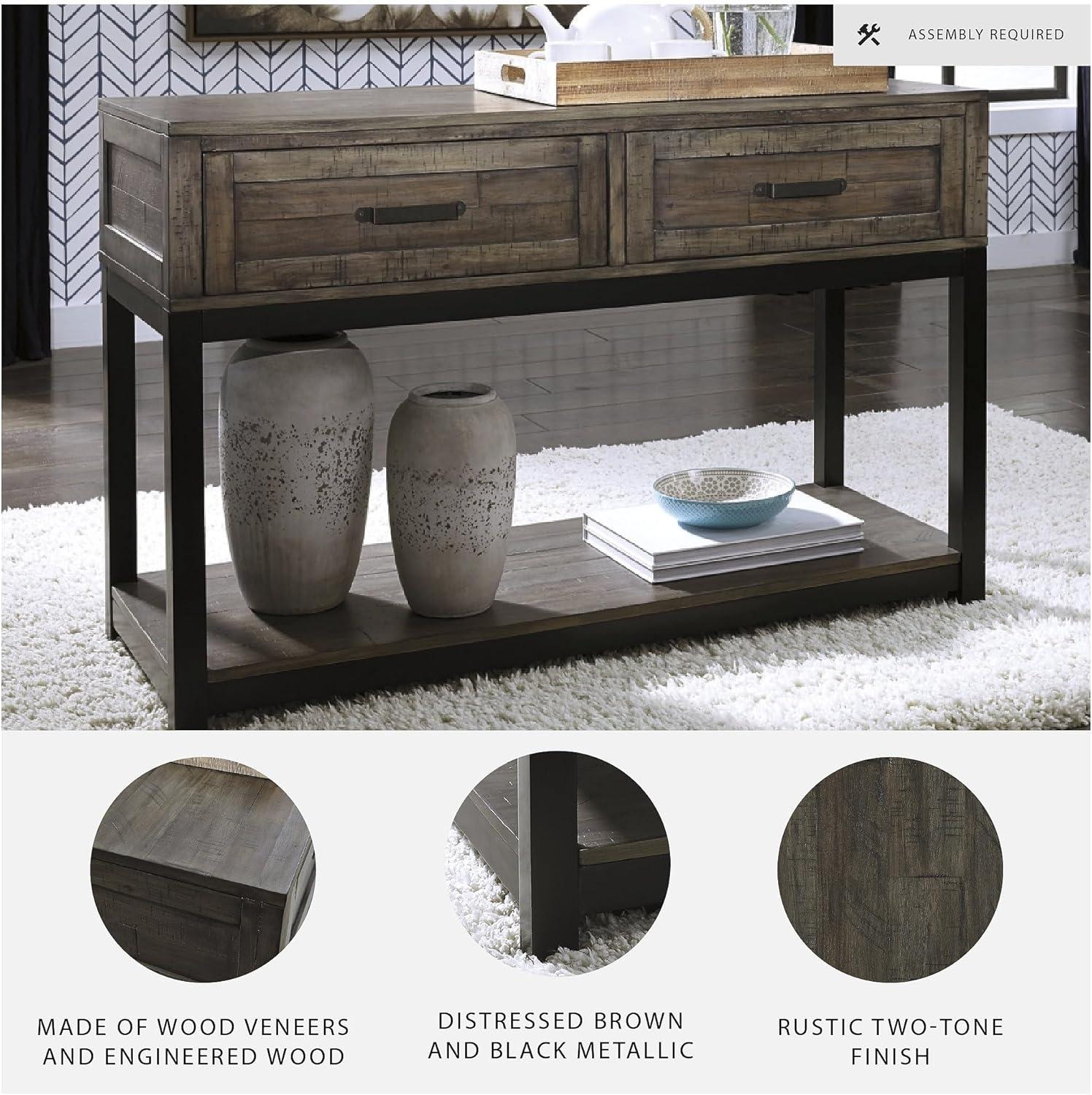 imageSignature Design by Ashley Johurst Rustic Rectangular Sofa Table with Two Drawers and Fixed Lower Shelf BrownBrown