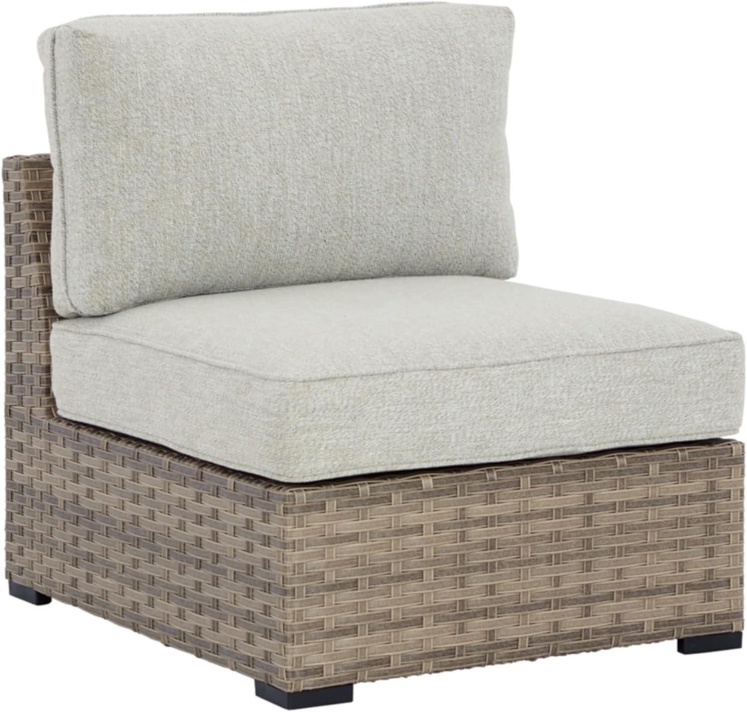 imageSignature Design by Ashley Outdoor Calworth Resin Wicker Patio Armless Chair 2 Count Nuvella Weather Resistant Fabric BeigeArmless