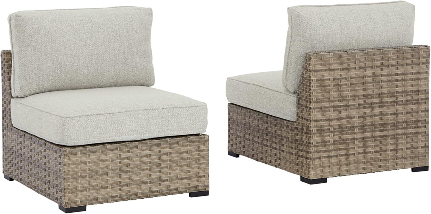 imageSignature Design by Ashley Outdoor Calworth Resin Wicker Patio Armless Chair 2 Count Nuvella Weather Resistant Fabric BeigeArmless