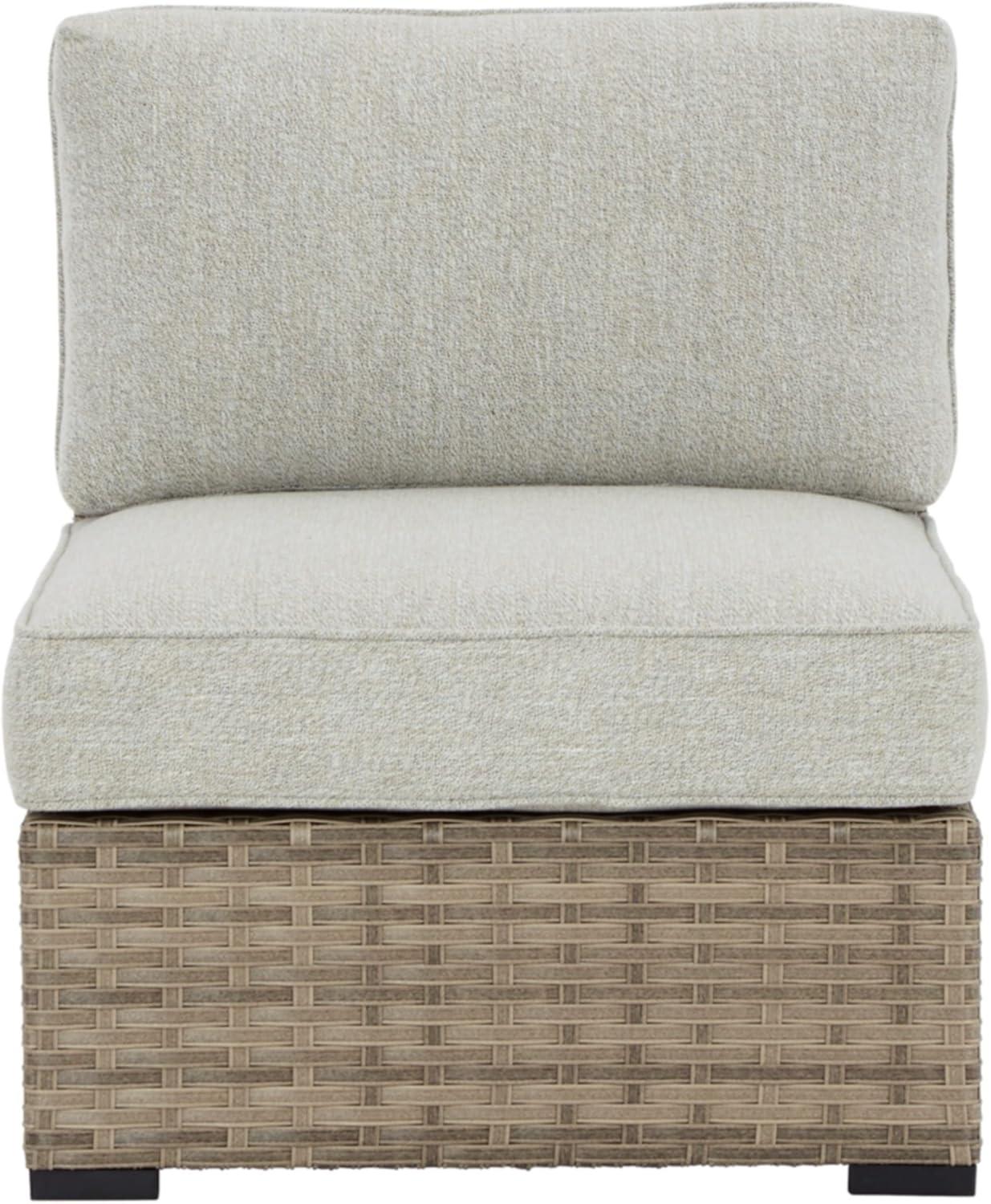 imageSignature Design by Ashley Outdoor Calworth Resin Wicker Patio Armless Chair 2 Count Nuvella Weather Resistant Fabric BeigeArmless