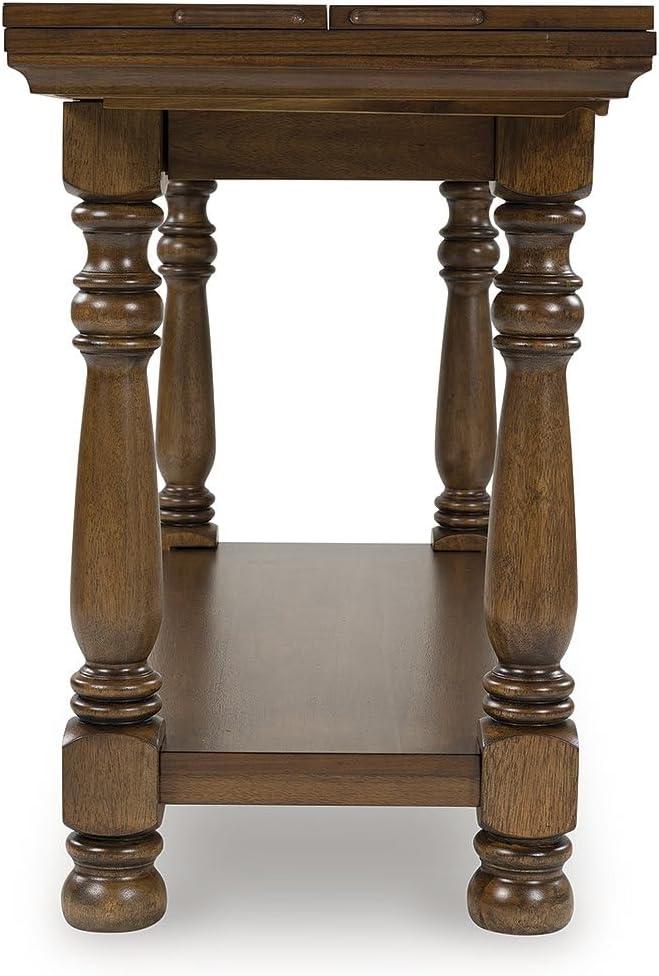 imageSignature Design by Ashley Sturlayne Transitional Expandable Flip Top Sofa Table with Lower Shelf and Turned Leg Dark Brown