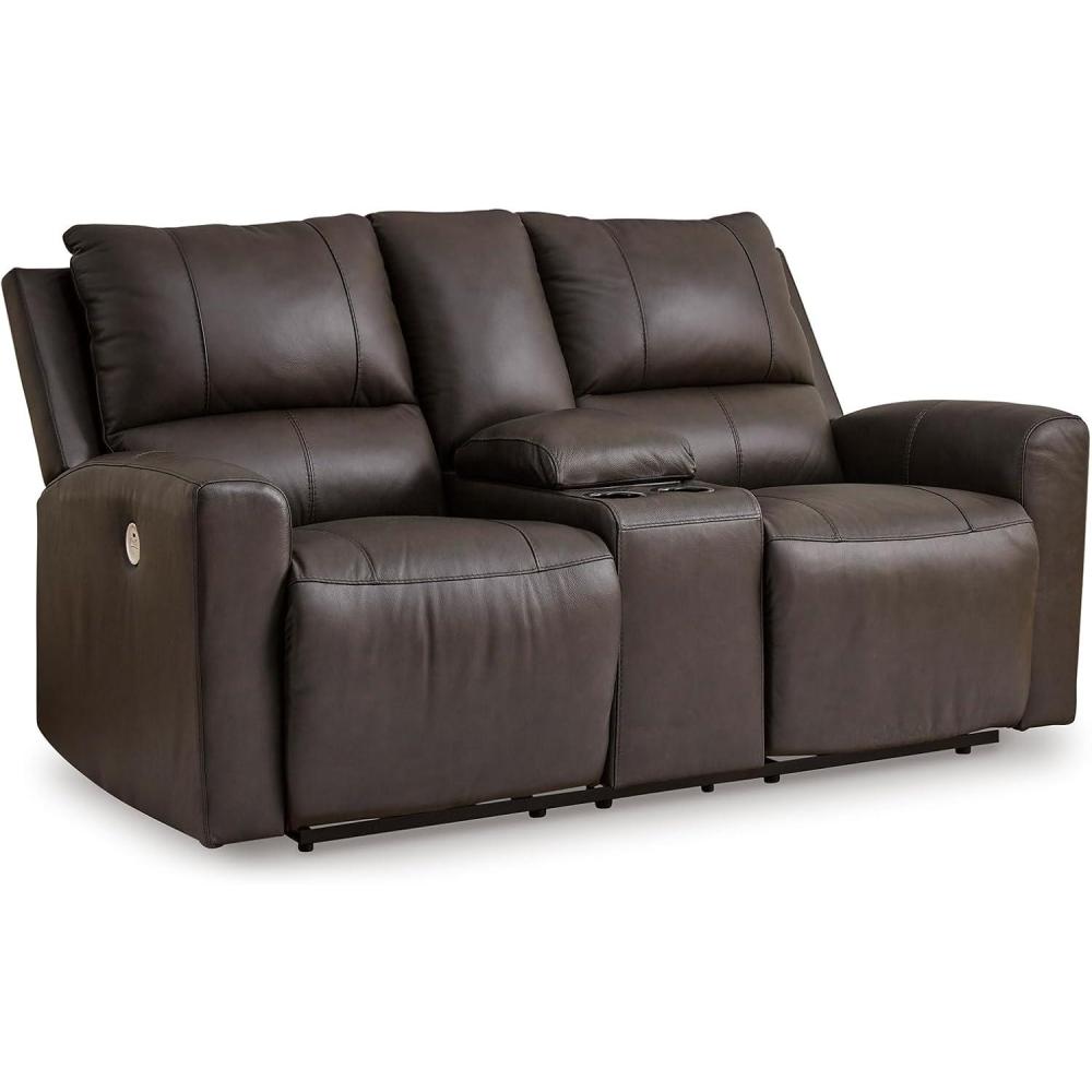 imageSignature Design by Ashley Boxmere Modern Leather Match Power Reclining Loveseat with Console and USB Ports Dark BrownPower Reclining Loveseat with Console
