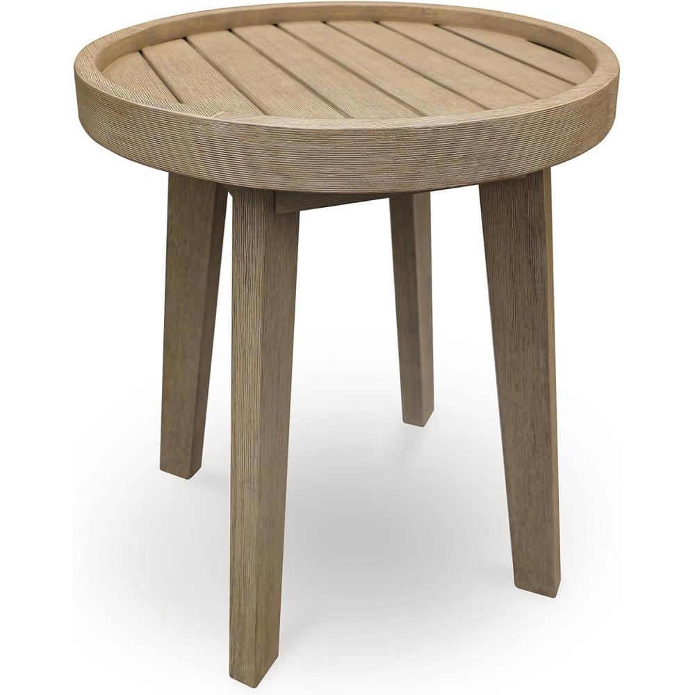 imageSignature Design by Ashley Bradstreet Bay Casual Weather Resistant Eucalyptus Wood Outdoor End Table with Slatted Top Light Brown