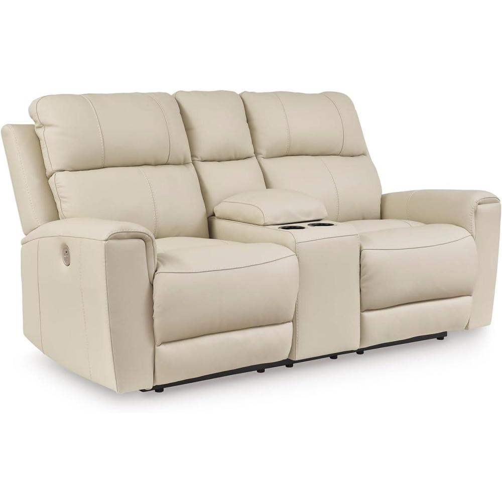 imageSignature Design by Ashley Dahlmoore Modern Leather Match Power Reclining Sofa with USB Ports BeigePower Reclining Loveseat with Console
