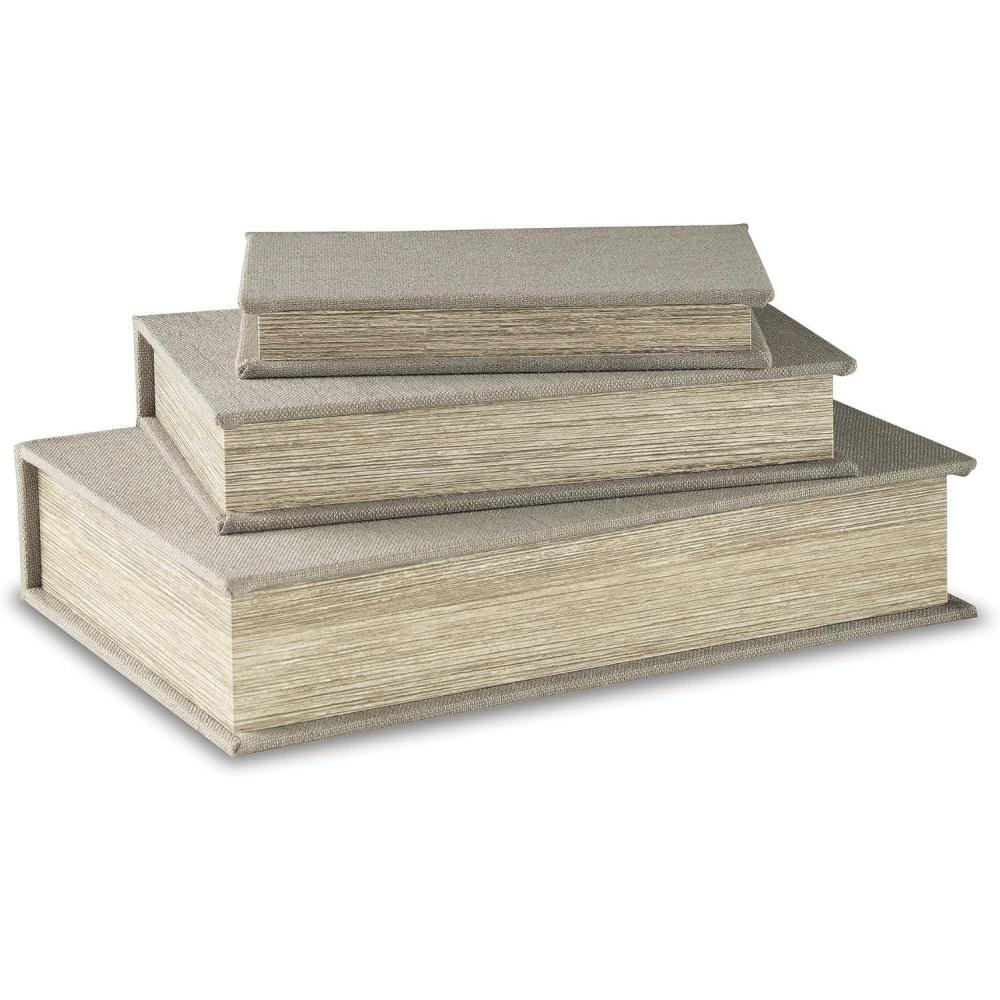 imageSignature Design by Ashley Jolina Vintage 3 Piece Faux Book Keepsake Storage Box Set SmallMediumLarge Nesting Design Keepsake Boxes Remote Control Storage Brown Cover with Black Velvet LiningWhite