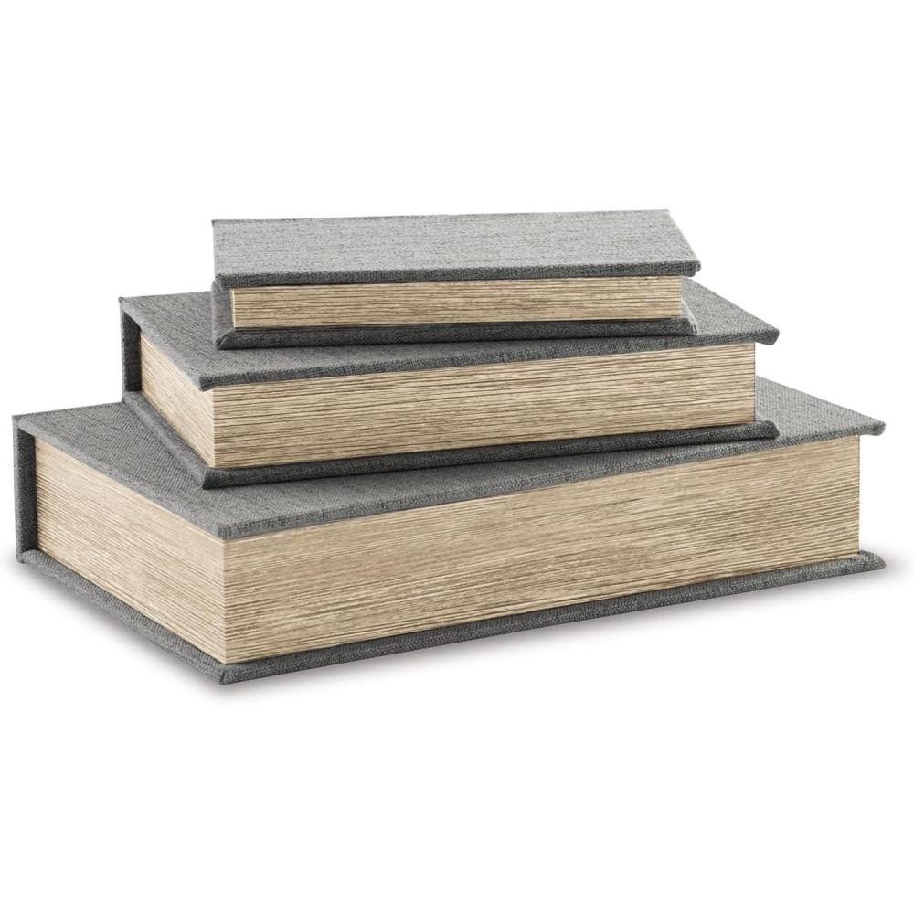 imageSignature Design by Ashley Jolina Vintage 3 Piece Faux Book Keepsake Storage Box Set SmallMediumLarge Nesting Design Keepsake Boxes Remote Control Storage Brown Cover with Black Velvet LiningGray