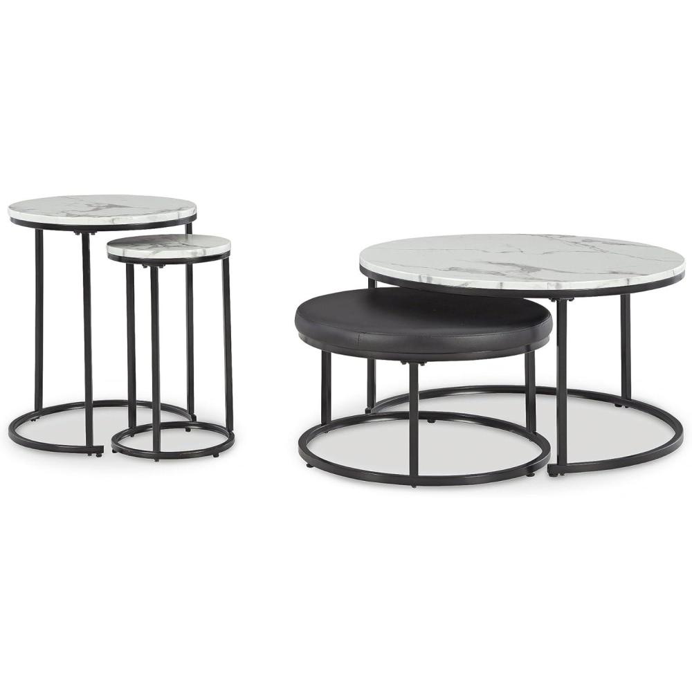 imageSignature Design by Ashley Jusmour Modern Nesting Table Set with Faux Leather Upholstered Ottoman Set of 4 Black ampamp White