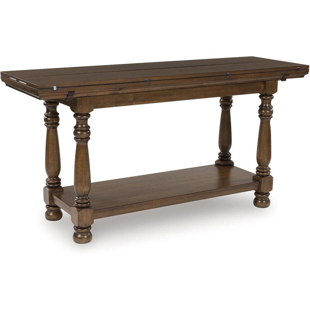 imageSignature Design by Ashley Sturlayne Transitional Expandable Flip Top Sofa Table with Lower Shelf and Turned Leg Dark Brown