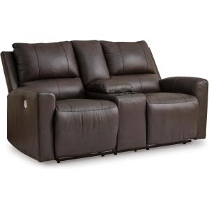 Signature Design by Ashley Boxmere Modern Leather Match Power Reclining Loveseat with Console and USB Ports, Dark Brown(Power Reclining Loveseat with Console)