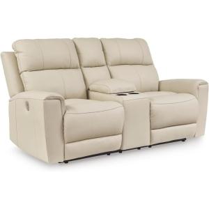 Signature Design by Ashley Dahlmoore Modern Leather Match Power Reclining Sofa with USB Ports, Beige(Power Reclining Loveseat with Console)