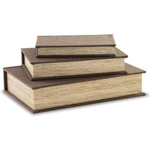 Signature Design by Ashley Jolina Vintage 3 Piece Faux Book Keepsake Storage Box Set, Small/Medium/Large, Nesting Design, Keepsake Boxes, Remote Control Storage, Brown Cover with Black Velvet Lining(Brown)