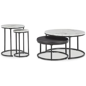 Signature Design by Ashley Jusmour Modern Nesting Table Set with Faux Leather Upholstered Ottoman, Set of 4, Black & White