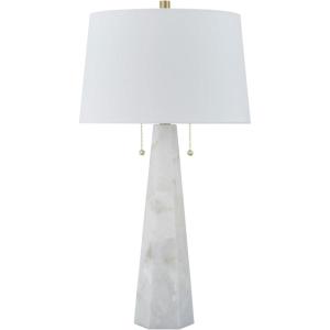 Signature Design by Ashley Laurellen Contemporary Table Lamp with 2 Sockets and Pull Chain Switch, Fabric Shade, Resin and Alabaster, 23.25″ High, White(Stone)