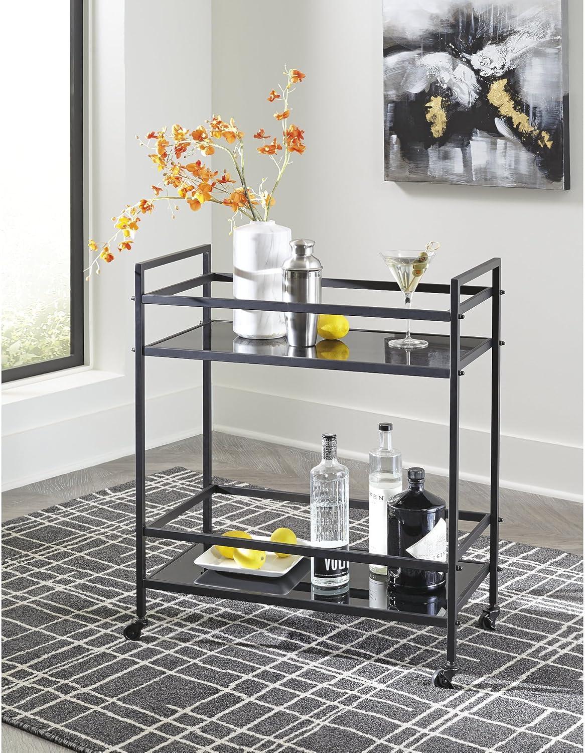 imageSignature Design by Ashley Plattfield Casual Antiqued 2Tier Bar Cart with Casters for Kitchen and Dining Room Metallic ampamp WhiteBlack Tan