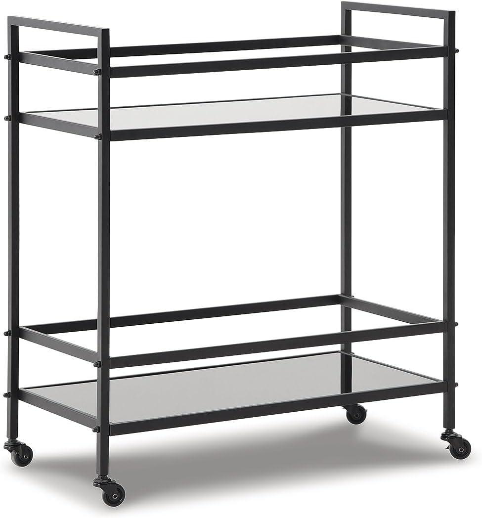 imageSignature Design by Ashley Plattfield Casual Antiqued 2Tier Bar Cart with Casters for Kitchen and Dining Room Metallic ampamp WhiteBlack Tan