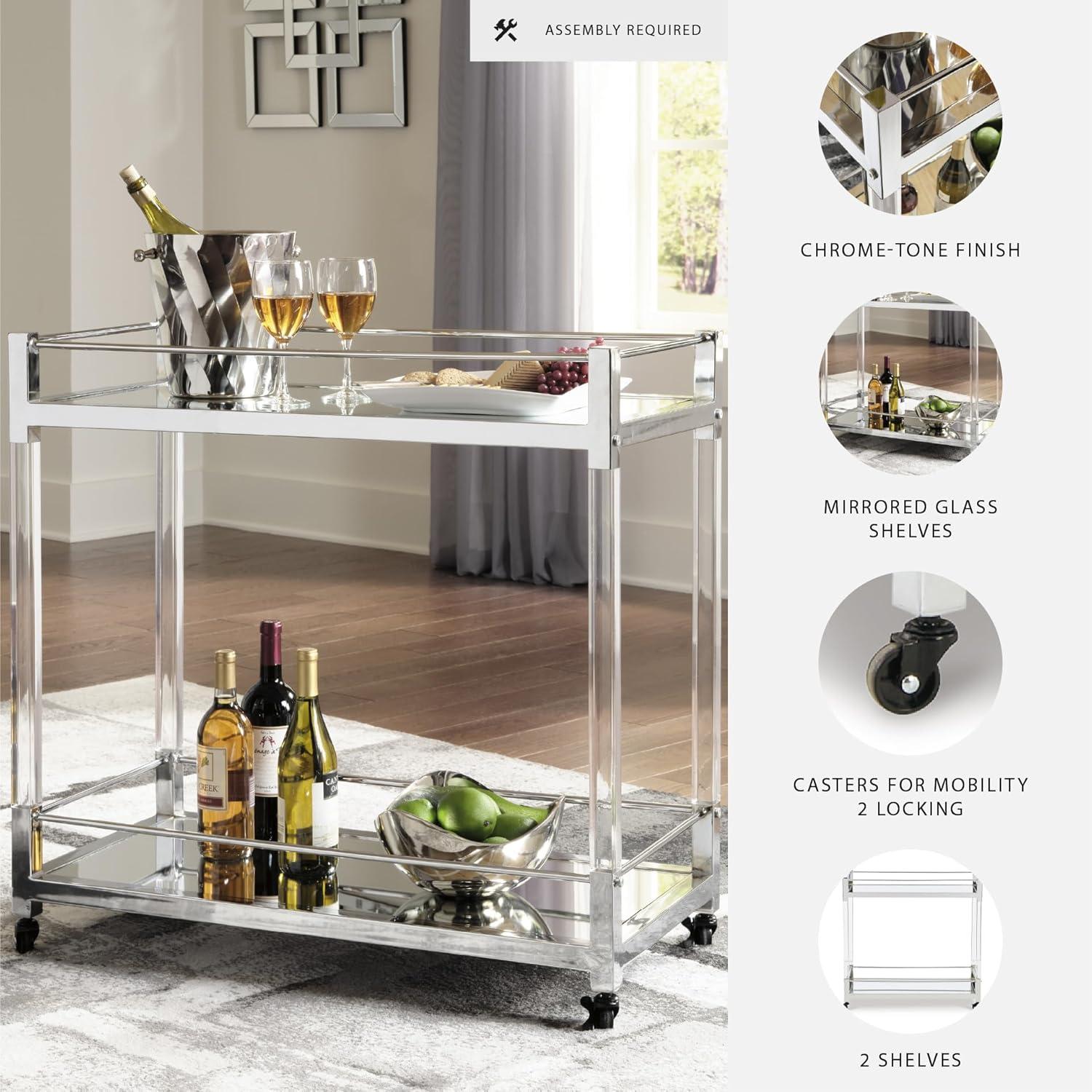 imageSignature Design by Ashley Plattfield Casual Antiqued 2Tier Bar Cart with Casters for Kitchen and Dining Room Metallic ampamp WhiteClear Silver Finish