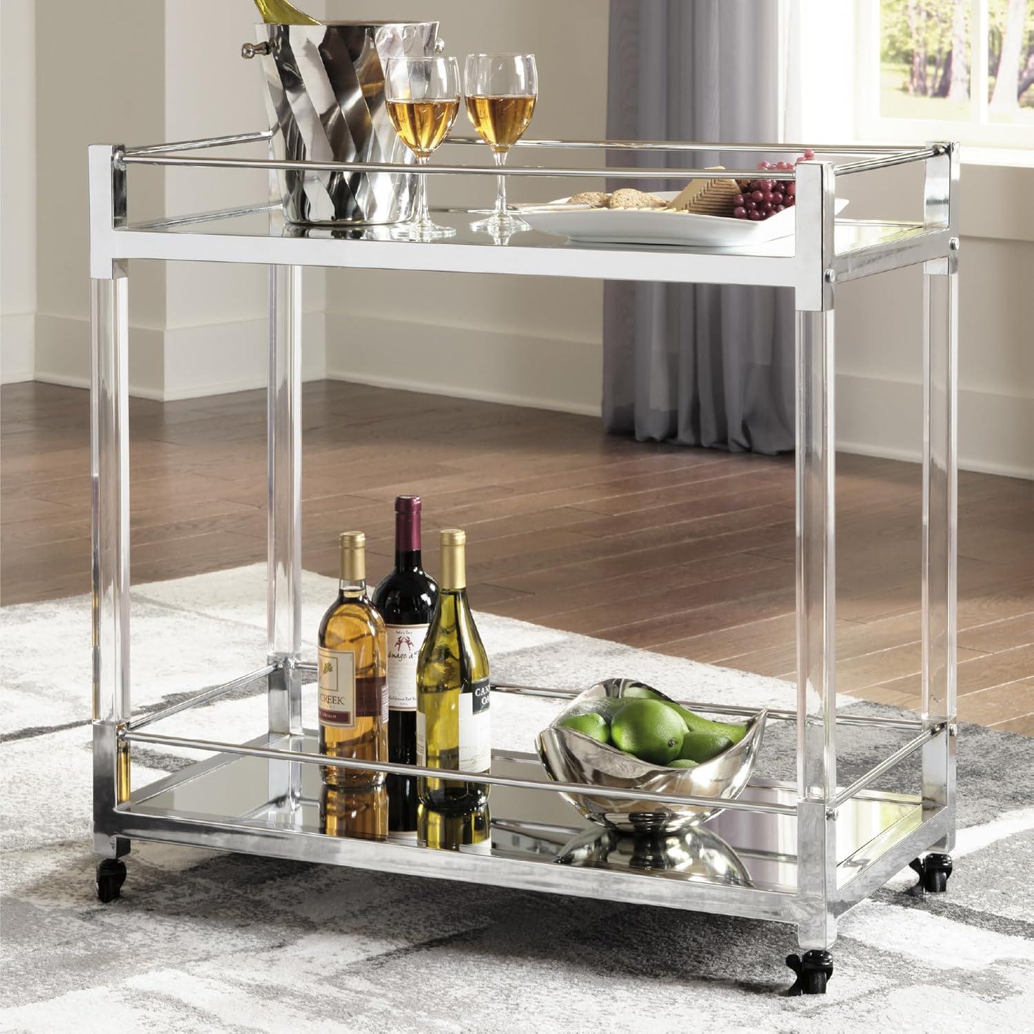 imageSignature Design by Ashley Plattfield Casual Antiqued 2Tier Bar Cart with Casters for Kitchen and Dining Room Metallic ampamp WhiteClear Silver Finish