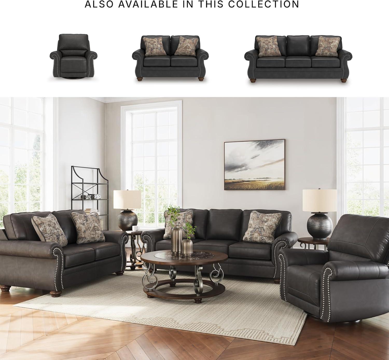 imageSignature Design by Ashley Shadsburne Classic Faux Leather Manual Rocker Swivel Glider Recliner with Nailhead Trim Reinforced Frame and Metal Seat Box 360Degree Swivel BlackGranite