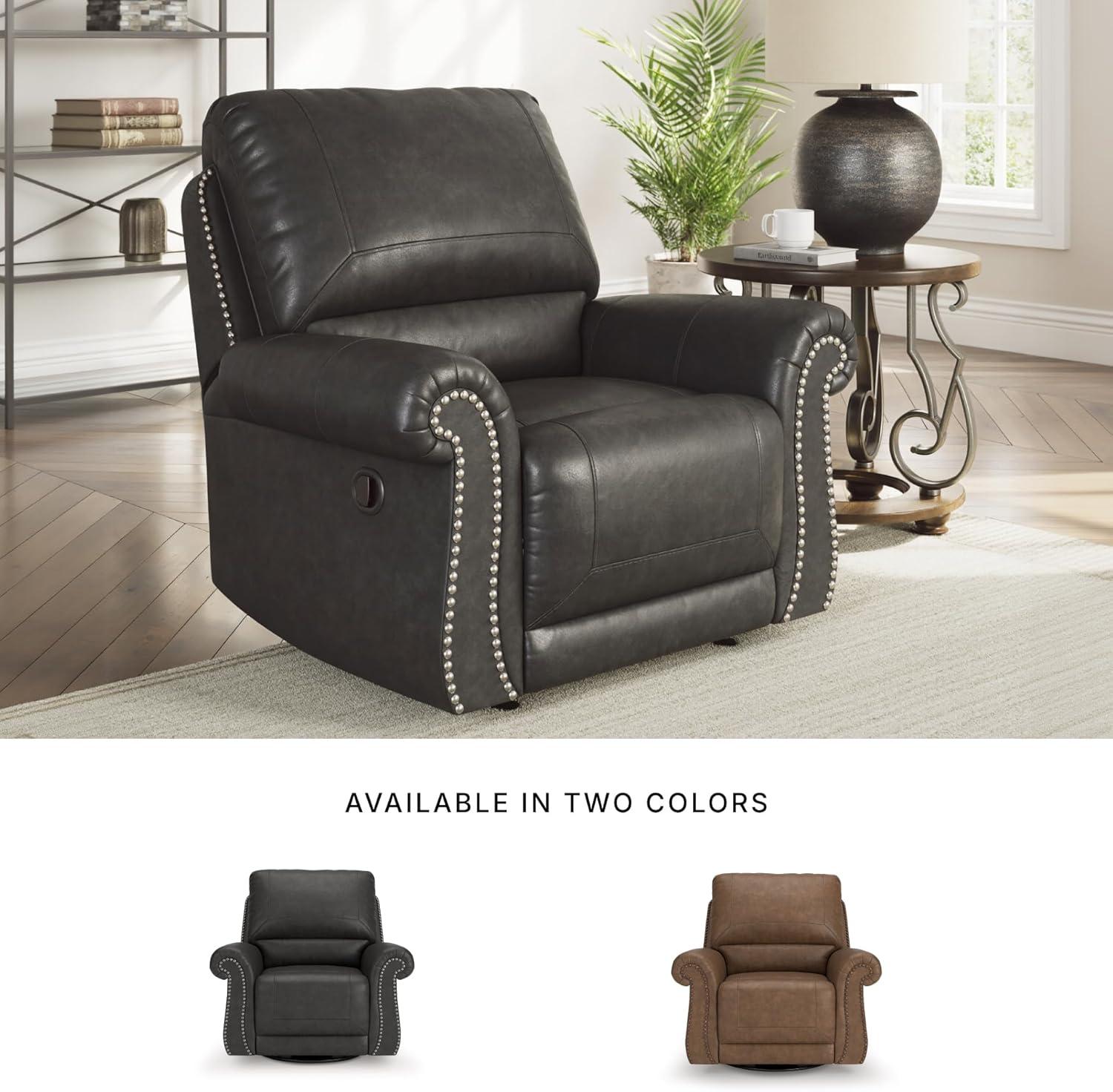 imageSignature Design by Ashley Shadsburne Classic Faux Leather Manual Rocker Swivel Glider Recliner with Nailhead Trim Reinforced Frame and Metal Seat Box 360Degree Swivel BlackGranite