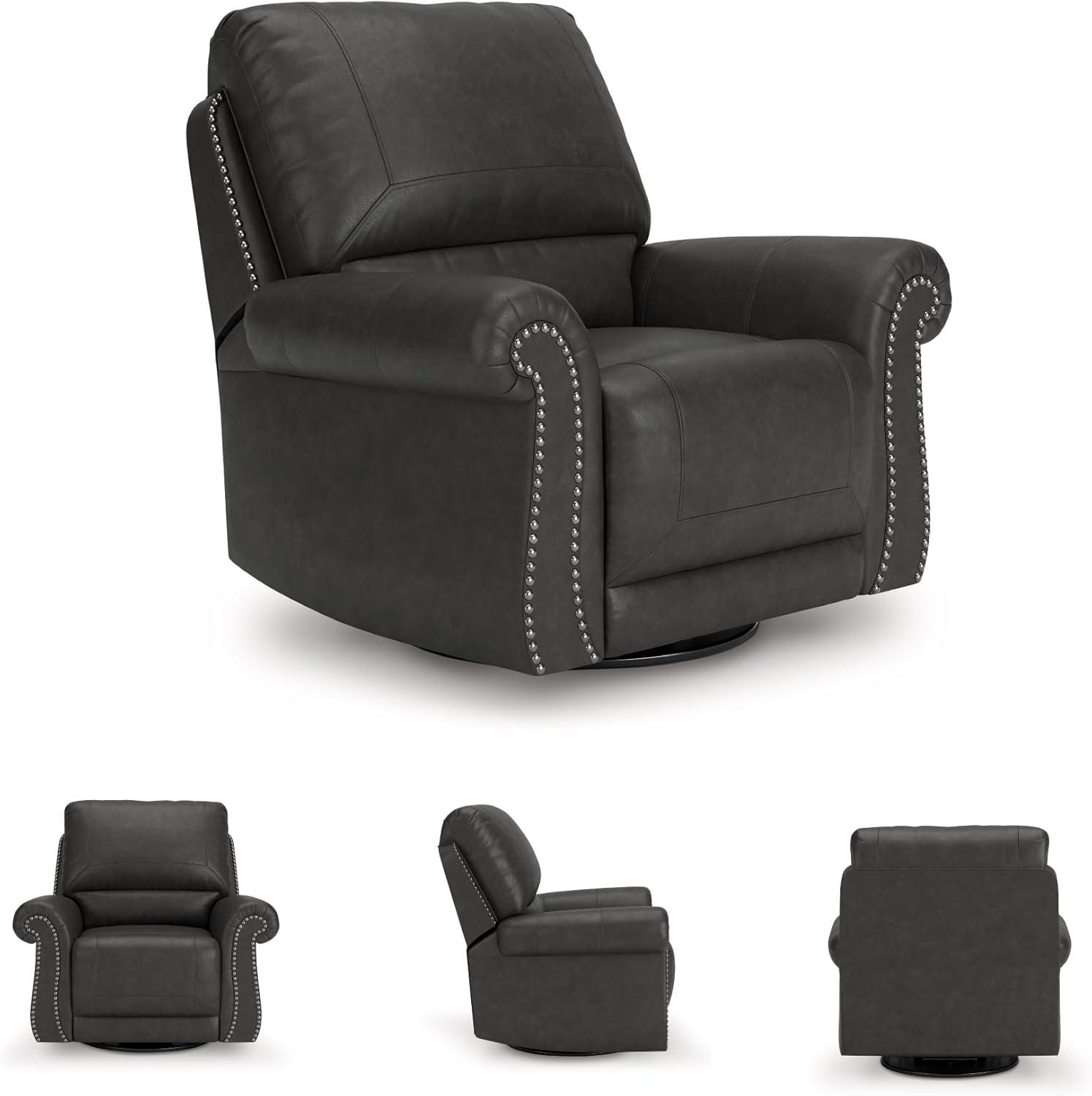 imageSignature Design by Ashley Shadsburne Classic Faux Leather Manual Rocker Swivel Glider Recliner with Nailhead Trim Reinforced Frame and Metal Seat Box 360Degree Swivel BlackGranite