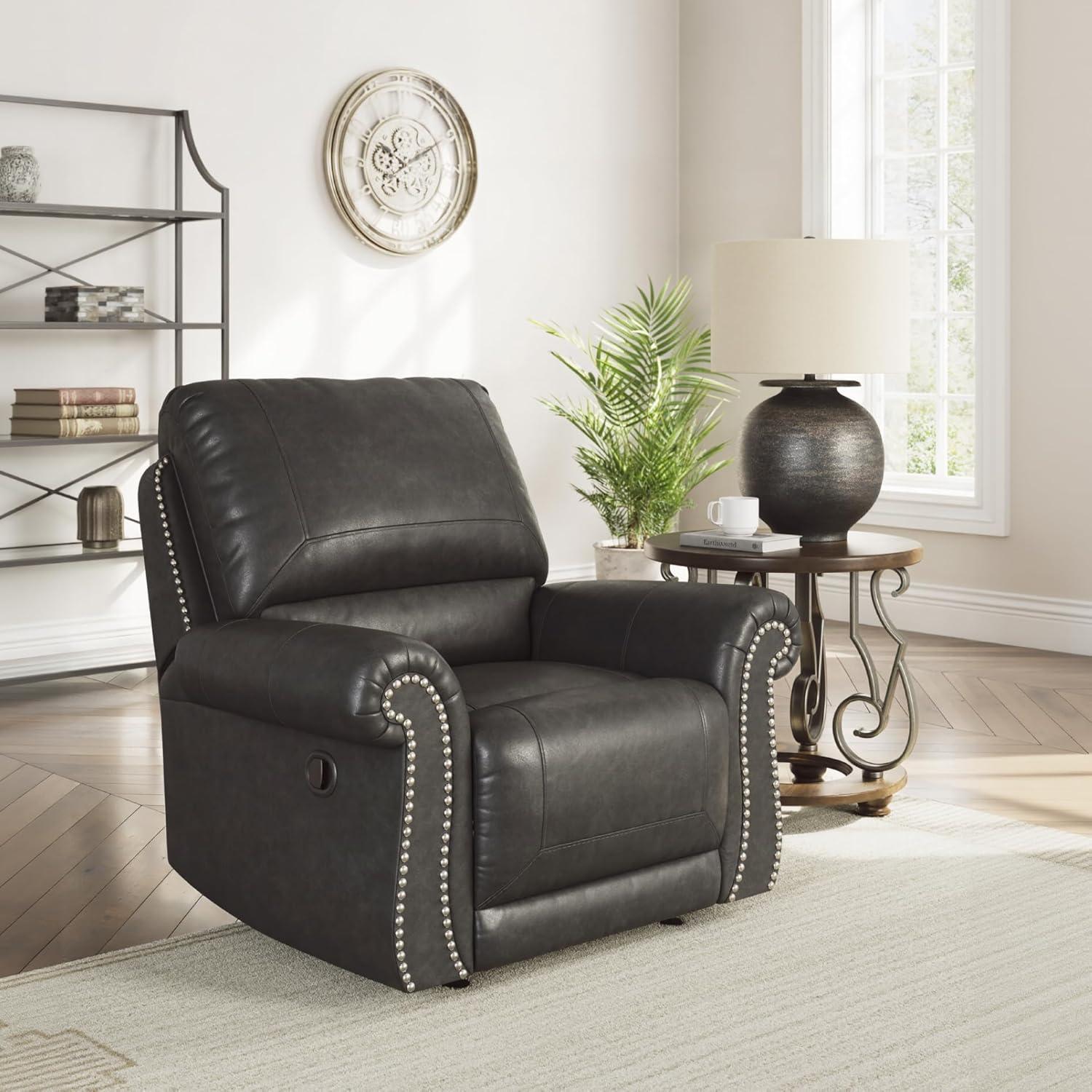 imageSignature Design by Ashley Shadsburne Classic Faux Leather Manual Rocker Swivel Glider Recliner with Nailhead Trim Reinforced Frame and Metal Seat Box 360Degree Swivel BlackGranite