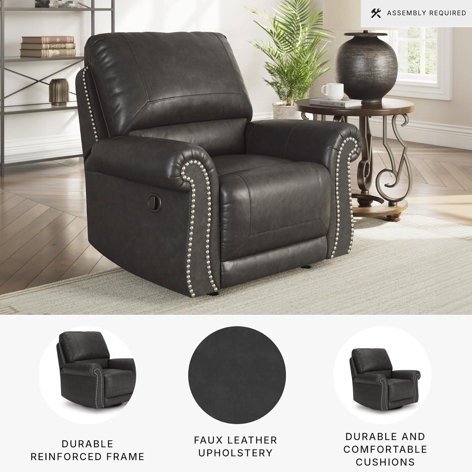 imageSignature Design by Ashley Shadsburne Classic Faux Leather Manual Rocker Swivel Glider Recliner with Nailhead Trim Reinforced Frame and Metal Seat Box 360Degree Swivel BlackGranite