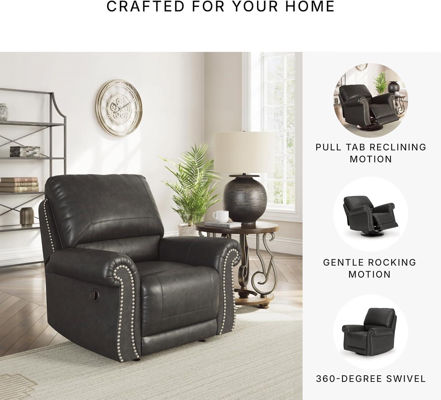 imageSignature Design by Ashley Shadsburne Classic Faux Leather Manual Rocker Swivel Glider Recliner with Nailhead Trim Reinforced Frame and Metal Seat Box 360Degree Swivel BlackGranite