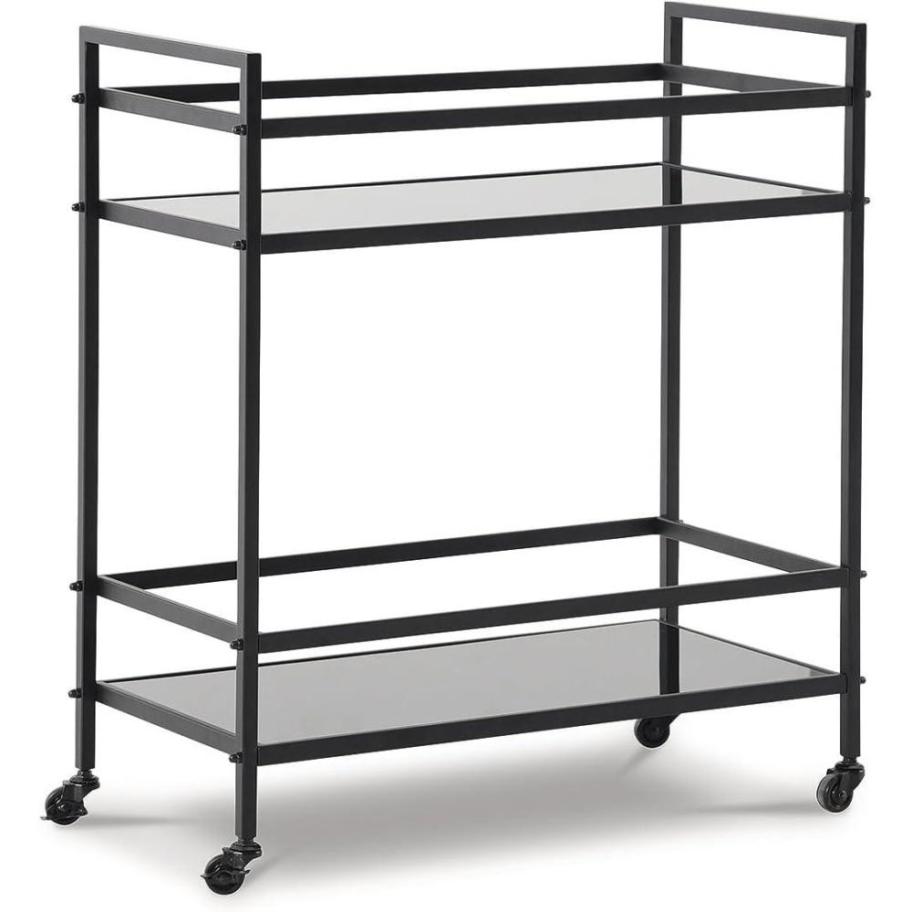 imageSignature Design by Ashley Plattfield Casual Antiqued 2Tier Bar Cart with Casters for Kitchen and Dining Room Metallic ampamp WhiteBlack  Tan