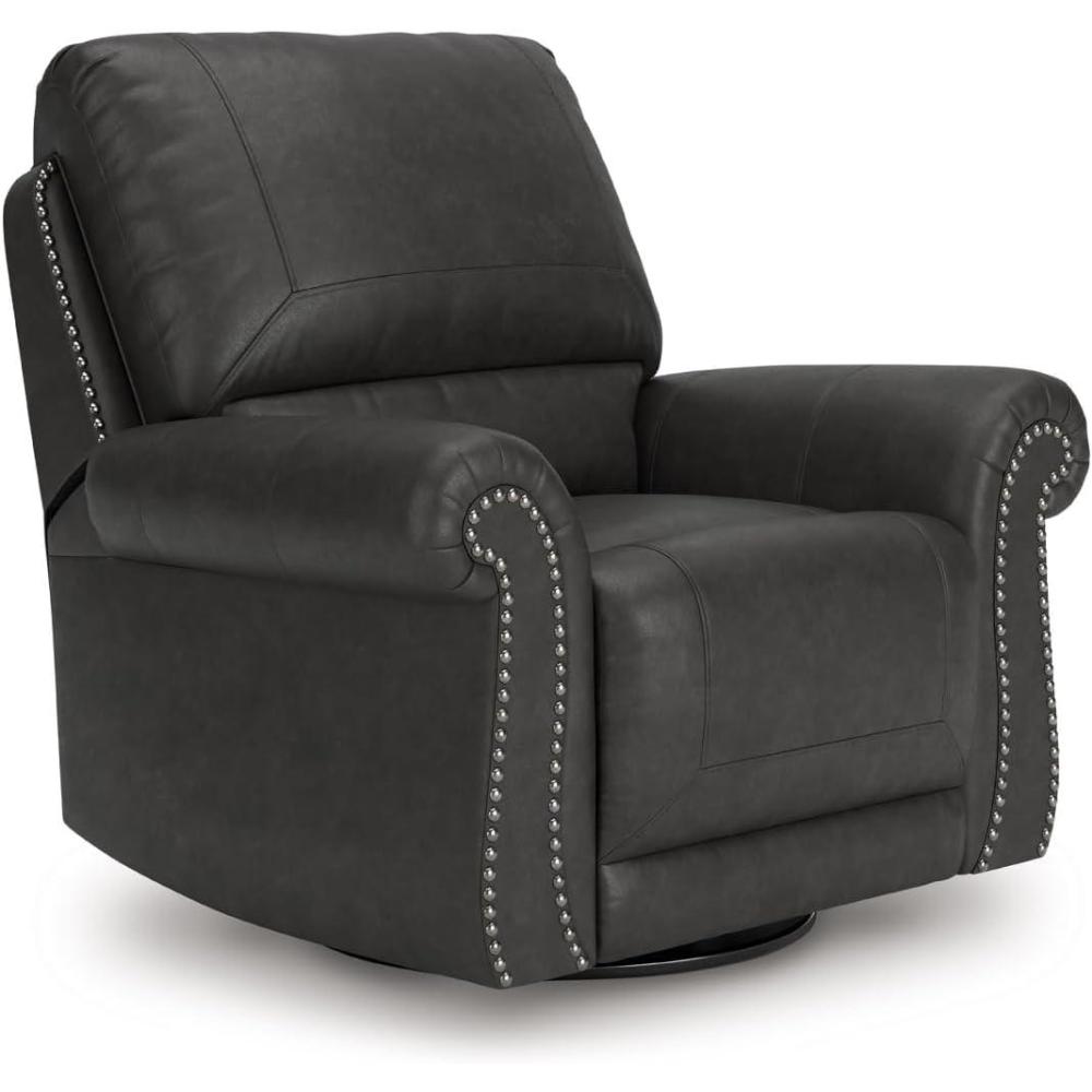 imageSignature Design by Ashley Shadsburne Classic Faux Leather Manual Rocker Swivel Glider Recliner with Nailhead Trim Reinforced Frame and Metal Seat Box 360Degree Swivel BlackGranite