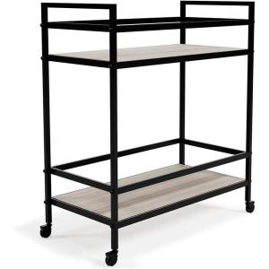Signature Design by Ashley Plattfield Casual Antiqued 2-Tier Bar Cart with Casters, for Kitchen and Dining Room, Metallic & White(Black Glass)