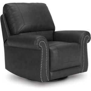 Signature Design by Ashley Shadsburne Classic Faux Leather Manual Rocker Swivel Glider Recliner with Nailhead Trim, Reinforced Frame and Metal Seat Box, 360-Degree Swivel, Black(Granite)