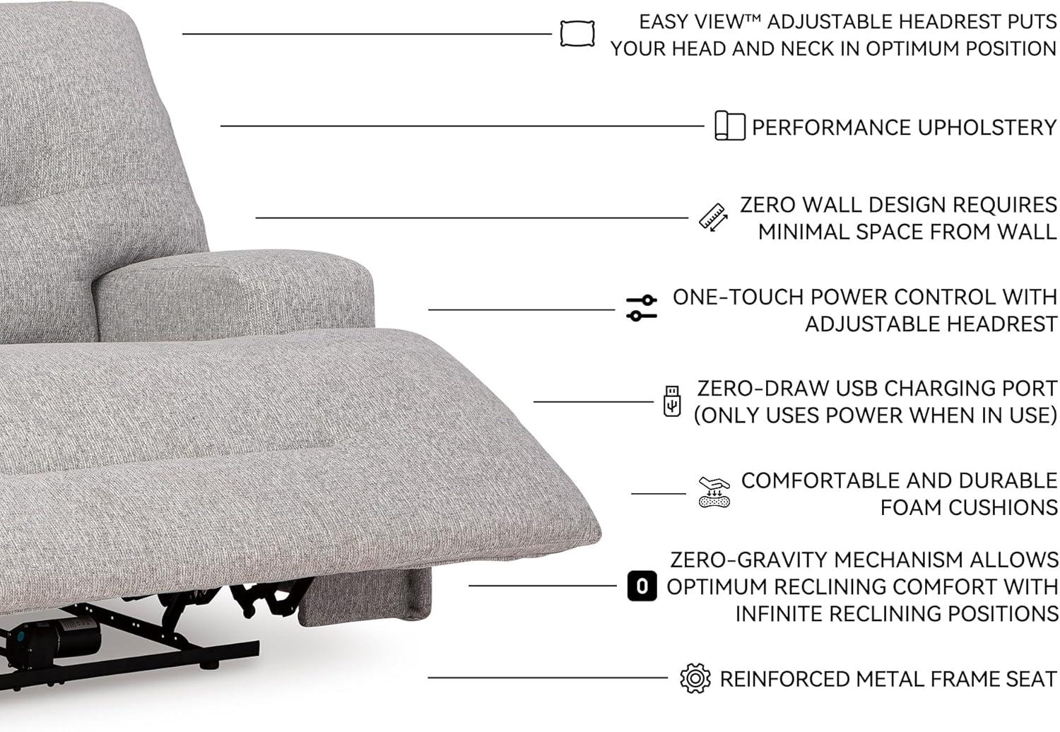 imageSignature Design by Ashley Acklen Place Contemporary Indoor ZeroGravity Stain Resistant Oversized Upholstered Power Recliner with Adjustable Headrest and USB Port Light GrayLight Gray