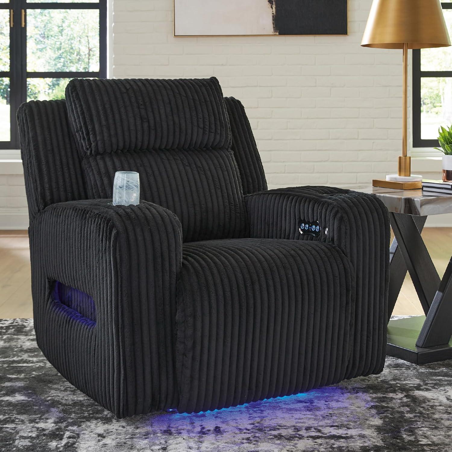 imageSignature Design by Ashley Broad Cove Casual LED Power Recliner with Adjustable Headrest Storage and USB Ports BlackBlack