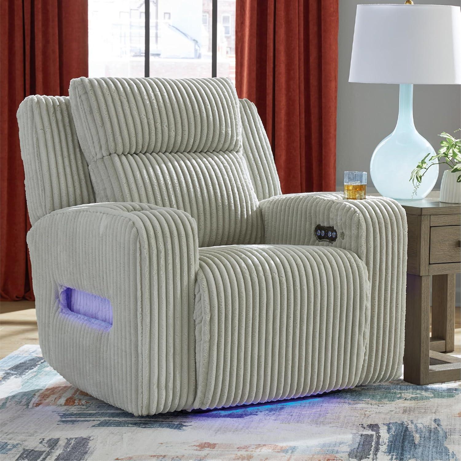 imageSignature Design by Ashley Broad Cove Casual LED Power Recliner with Adjustable Headrest Storage and USB Ports BlackLight Gray