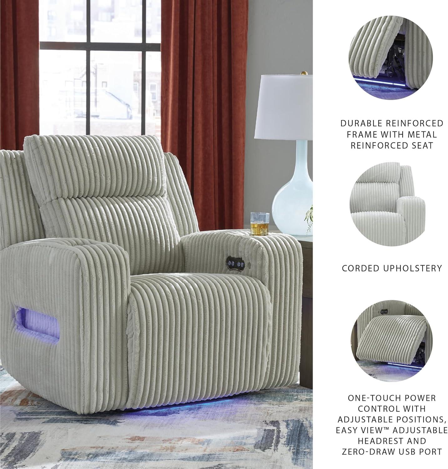 imageSignature Design by Ashley Broad Cove Casual LED Power Recliner with Adjustable Headrest Storage and USB Ports BlackLight Gray