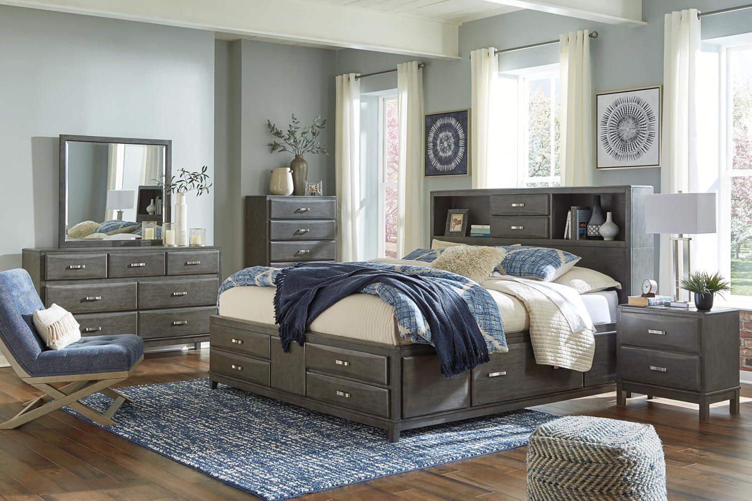 imageSignature Design by Ashley Caitbrook Contemporary Queen Storage Platform Bed with 8 Drawers and 2 Cubbies Foundation or Box Spring Not Needed GrayGrey