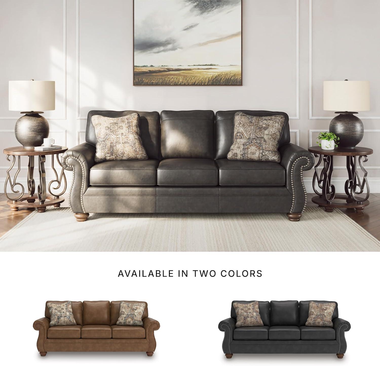 imageSignature Design by Ashley Chatterton Rustic Faux Leather Queen Sofa Sleeper with BiFold Memory Foam Mattress Nailhead Trim and 2 Throw Pillows Queen BlackGrey