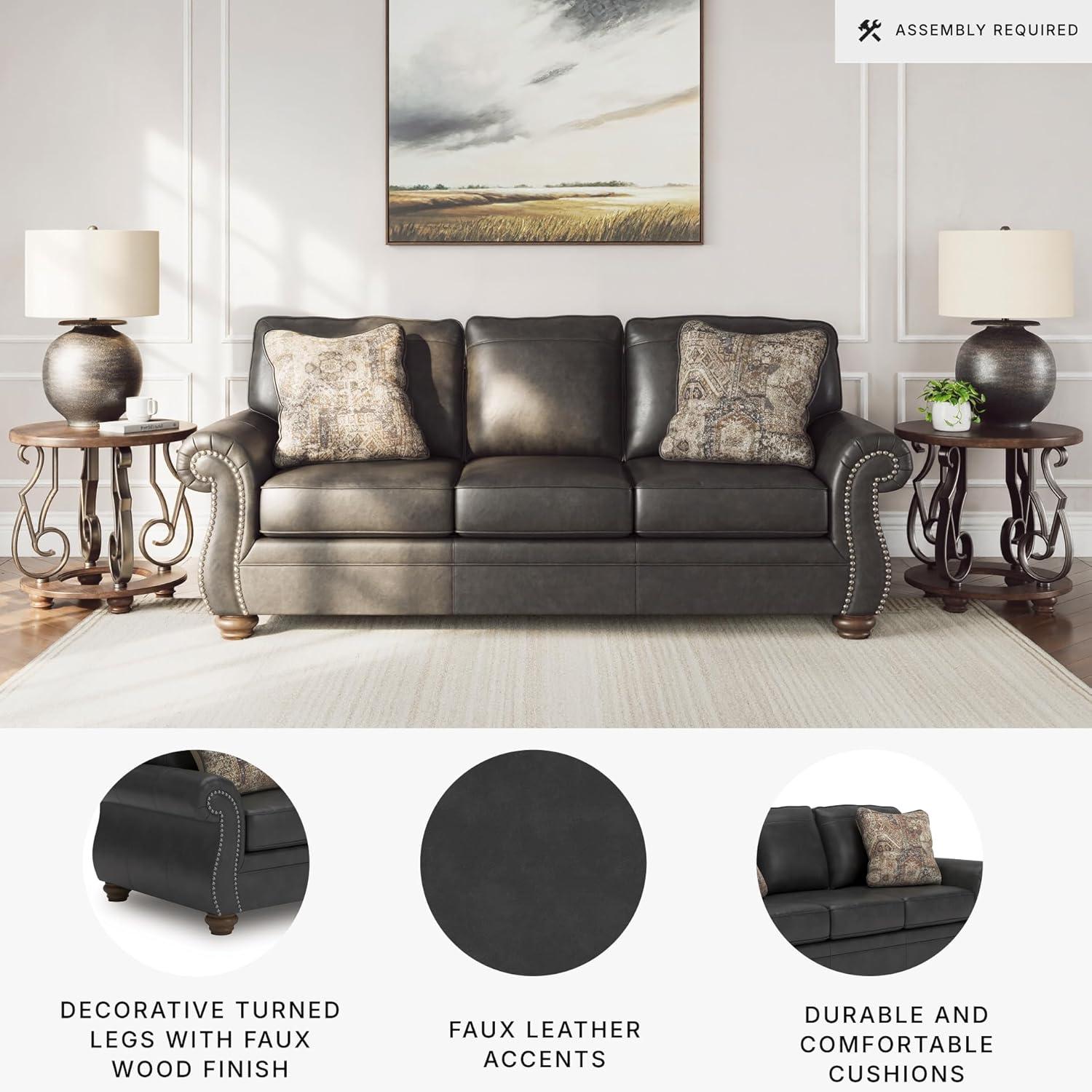imageSignature Design by Ashley Chatterton Rustic Faux Leather Queen Sofa Sleeper with BiFold Memory Foam Mattress Nailhead Trim and 2 Throw Pillows Queen BlackGrey