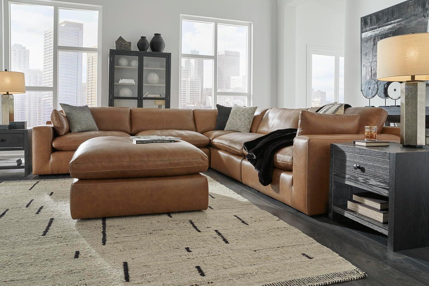 imageSignature Design by Ashley Emilia Modern Modular Leather Match 5Piece Sectional with Loose Back Cushions and 2 Bolster Pillows Light BrownCaramel