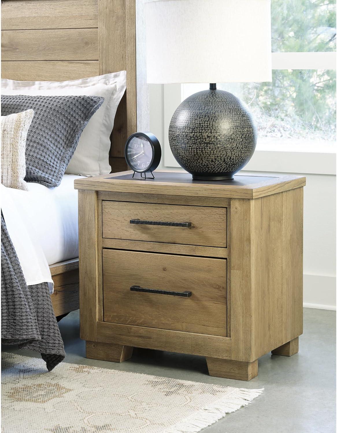 imageSignature Design by Ashley Galliden Rustic FeltLined 2 Drawer Nightstand with Cement Tile Inlay Tabletop Power Supply and USB Ports 2675quot Tall Light Brown