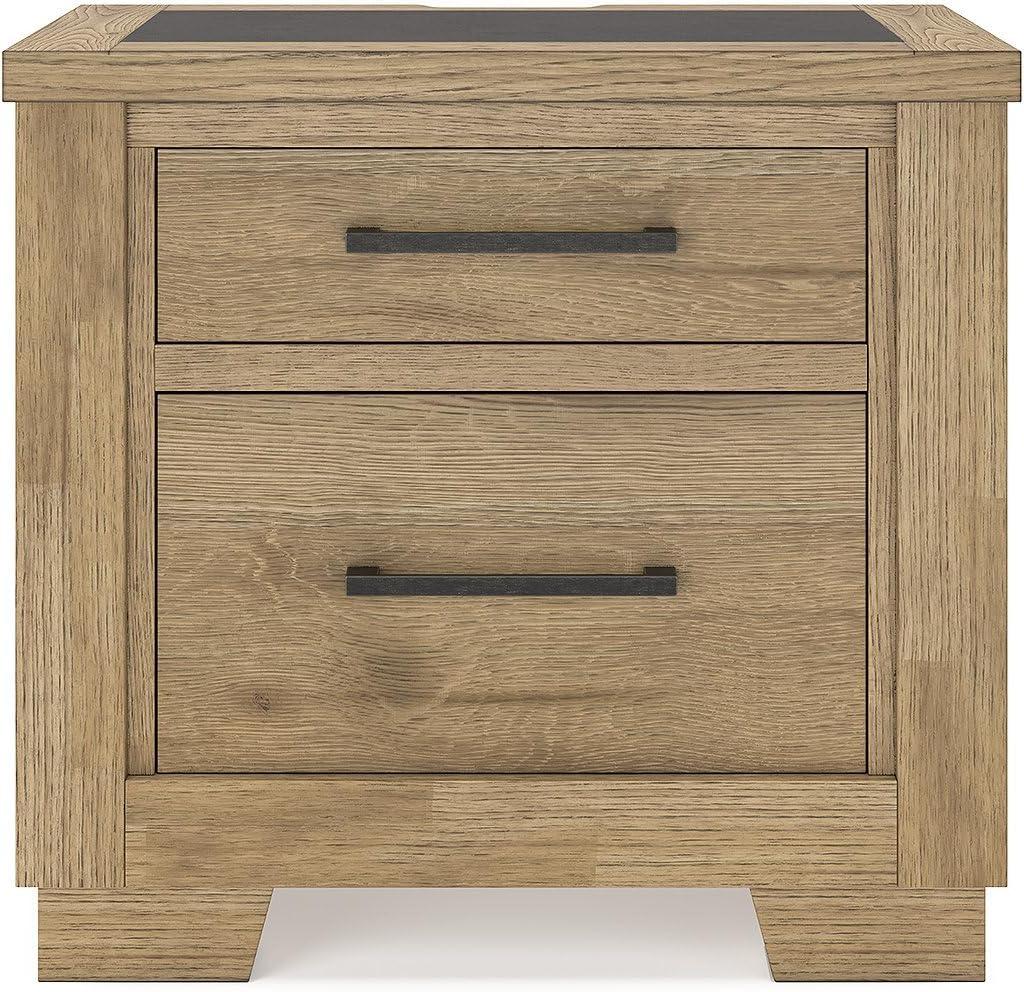 imageSignature Design by Ashley Galliden Rustic FeltLined 2 Drawer Nightstand with Cement Tile Inlay Tabletop Power Supply and USB Ports 2675quot Tall Light Brown