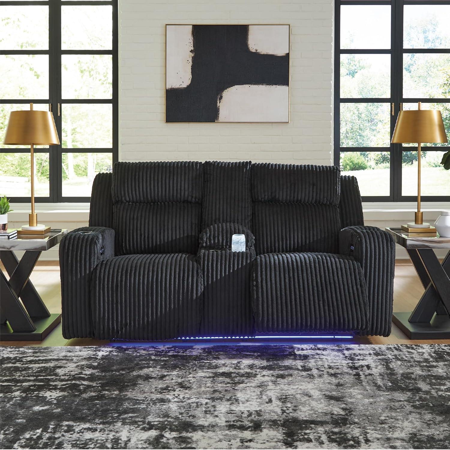imageSignature Design by Ashley Healy Pier Modern Power Reclining Sofa with Adjustable Headrest and Storage Dark BrownBlack