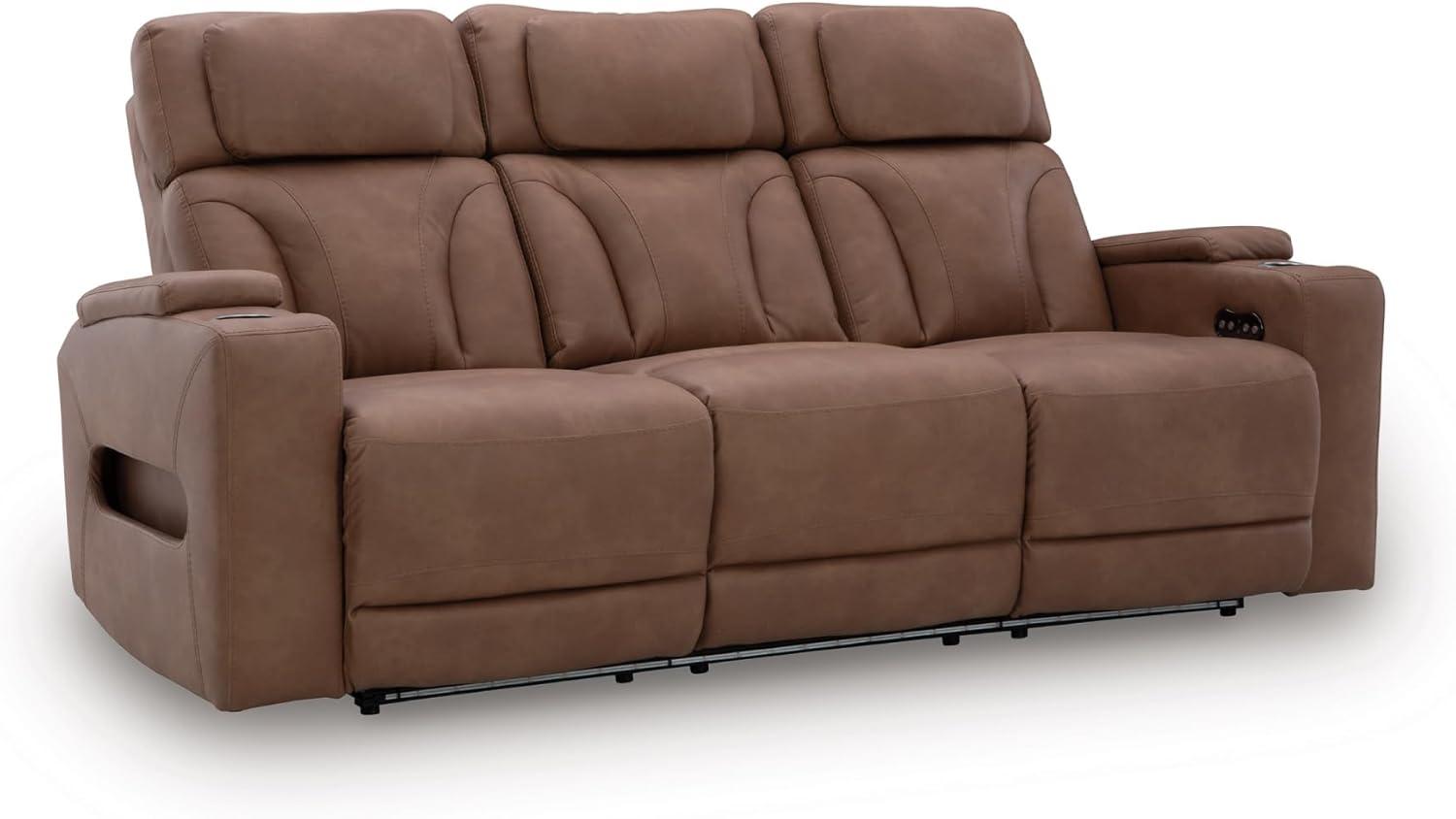 imageSignature Design by Ashley Healy Pier Modern Power Reclining Sofa with Adjustable Headrest and Storage Dark BrownCaramel