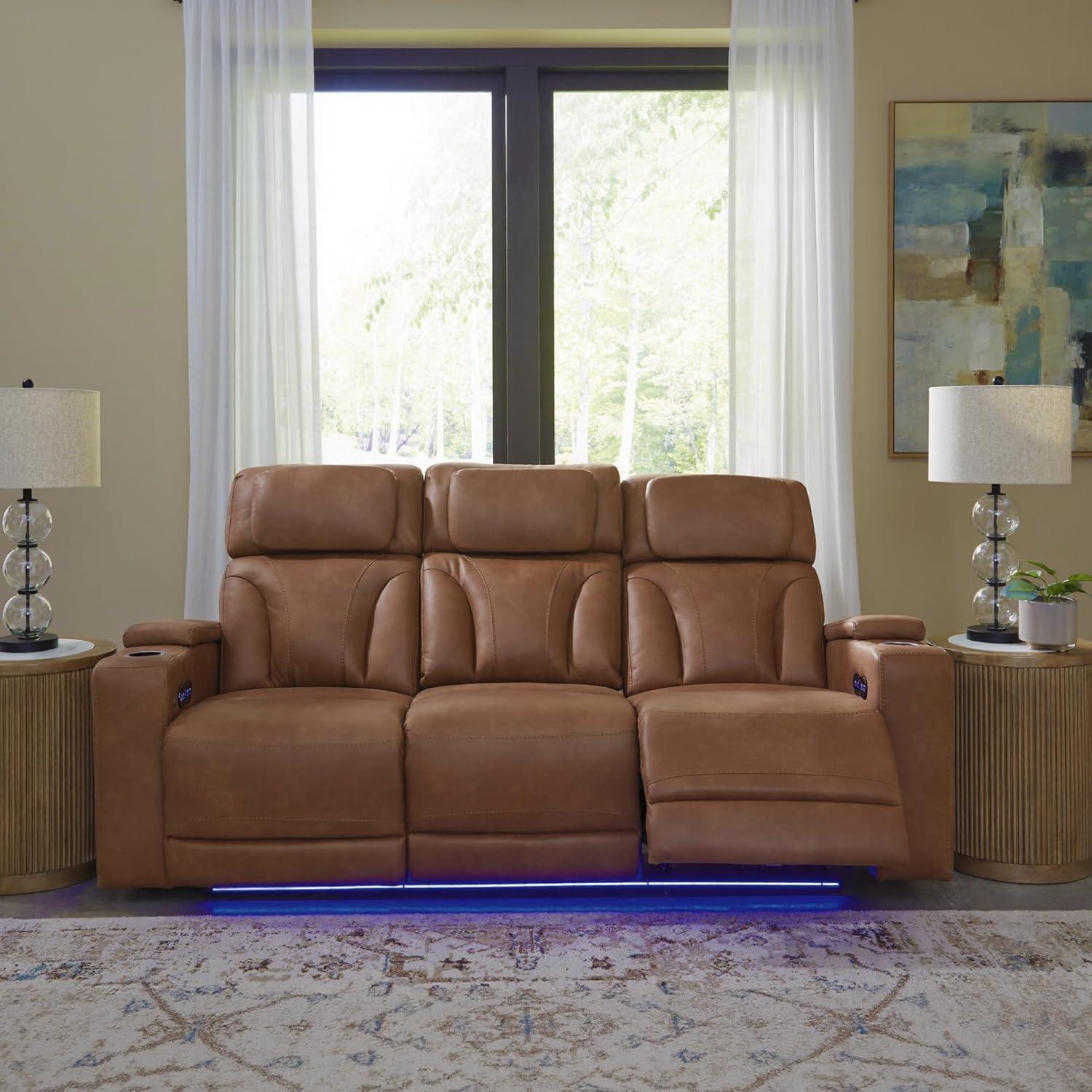 imageSignature Design by Ashley Healy Pier Modern Power Reclining Sofa with Adjustable Headrest and Storage Dark BrownCaramel