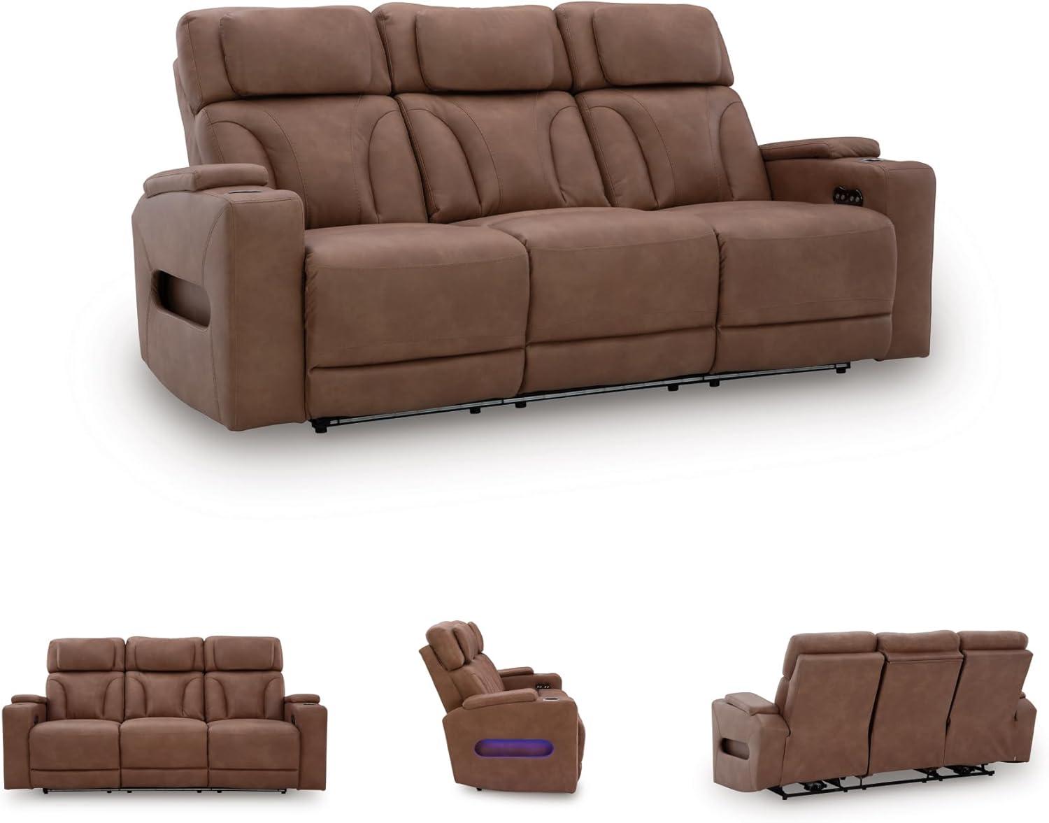 imageSignature Design by Ashley Healy Pier Modern Power Reclining Sofa with Adjustable Headrest and Storage Dark BrownCaramel
