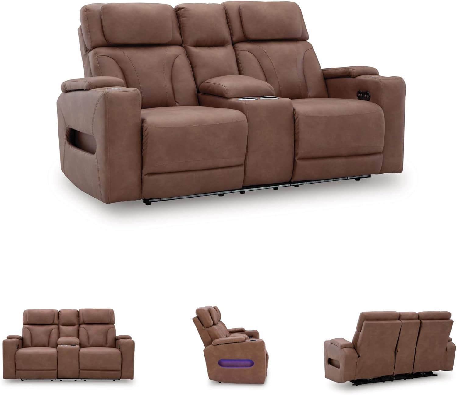 imageSignature Design by Ashley Healy Pier Modern Power Reclining Sofa with Adjustable Headrest and Storage Dark BrownCaramel