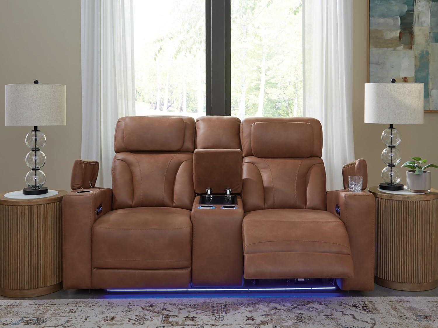 imageSignature Design by Ashley Healy Pier Modern Power Reclining Sofa with Adjustable Headrest and Storage Dark BrownCaramel